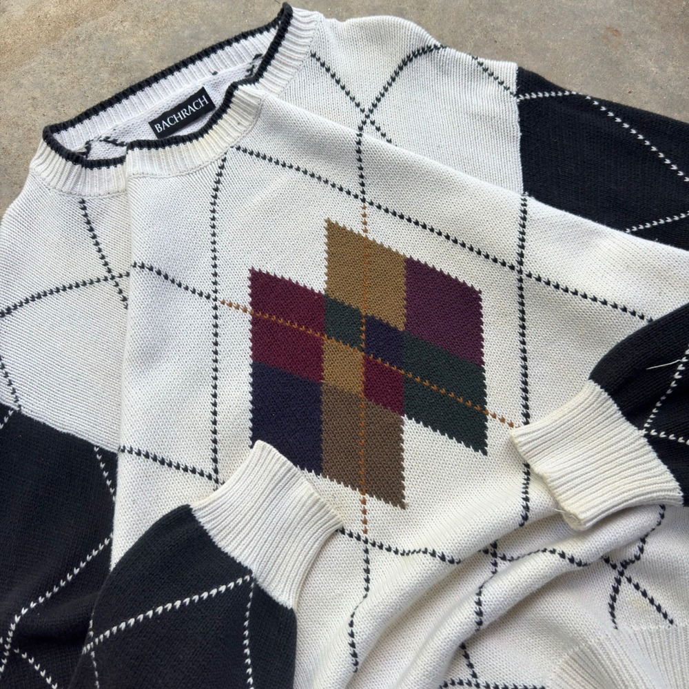 Vintage 90s Bachrach Argyle Sweater Cotton Workwear Cabincore White XL (j2)